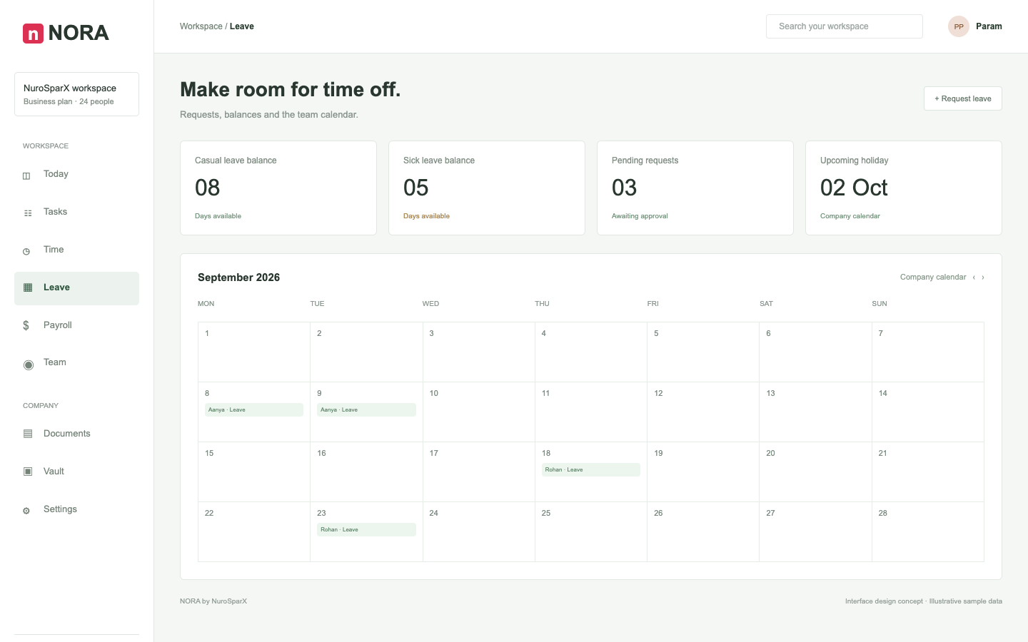 NORA Leave interface design concept, showing illustrative sample data